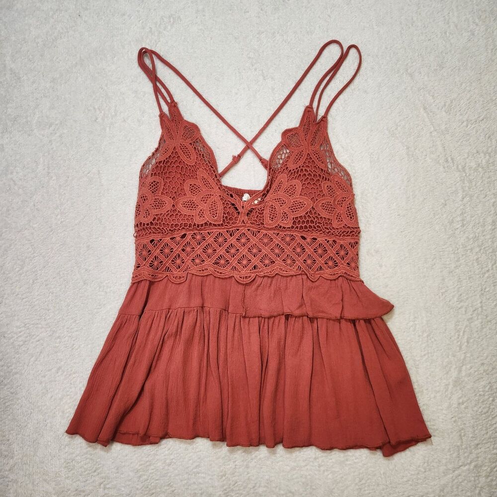 La Miel Women's Size Large Crochet Lace Tank Top Boho Festival Rust